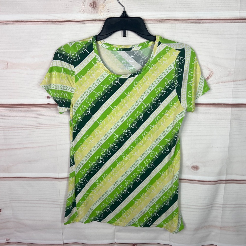 Apt 9 Top Womens XS Green Stripe Essential T-Shirt Four Leaf Clover Graphic